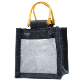 10x Geschenktasche aus Jute mit Baumwoll-Fenster  - klein \'schwarz\'