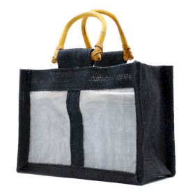 10x Geschenktasche aus Jute mit Baumwoll-Fenster  - mittelgroß \'schwarz\'