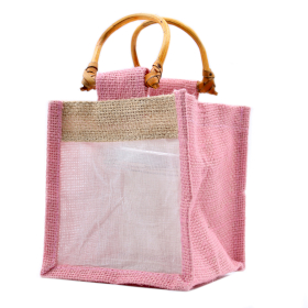 10x Geschenktasche aus Jute mit Baumwoll-Fenster  - klein \'rosa/natur\'