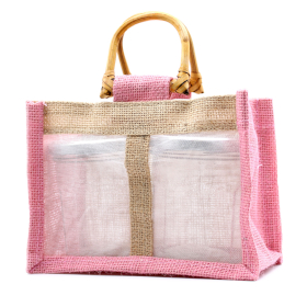 10x Geschenktasche aus Jute mit Baumwoll-Fenster  - mittelgroß \'rosa/natur\'