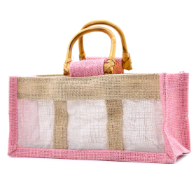 10x Geschenktasche aus Jute mit Baumwoll-Fenster  - groß \'rosa/natur\'