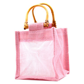 10x Geschenktasche aus Jute mit Baumwoll-Fenster  - klein \'rosa\'