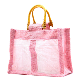 10x Geschenktasche aus Jute mit Baumwoll-Fenster  - mittelgroß \'rosa\'