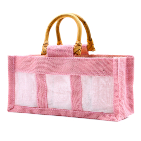 10x Geschenktasche aus Jute mit Baumwoll-Fenster  - groß \'rosa\'
