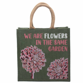 3x Bedruckte Jutetasche- We are Flowers - Oliv, Rosa und Natur