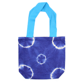 Natürliche Batik-Baumwolltasche  (8 oz) - 38x42x12cm - Blaue Ringe - Blauer Griff