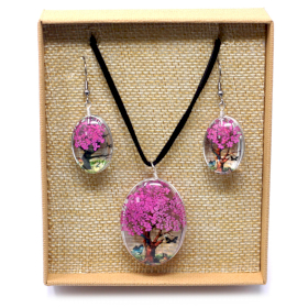 Schmuck mit gepr. Blumen - Baum des Lebens Set - Fuchsia