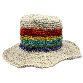 3x Handgestrickter Boho-Festivalhut aus Hanf und Baumwolle – Regenbogen