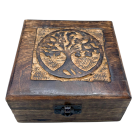 Quadratische Aufbewahrungsbox aus Holz, 13 x 13 x 6 cm – Baum des Lebens