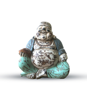 Vintage Mintgrüne, handgeschnitzte Buddha-Statue, 30 cm, glücklicher Buddha