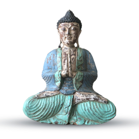 Vintage handgeschnitzte Buddha-Statue in blauer Minze – 40 cm – Willkommen