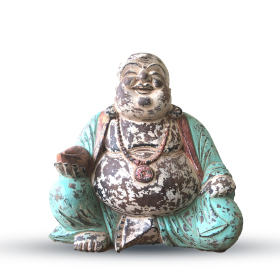 Vintage Mintgrüne handgeschnitzte Buddha-Statue – 40 cm – Happy Buddha