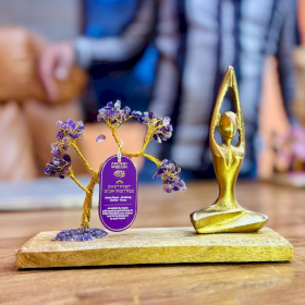 Edelstein-Yoga-Garten – Sukhasana-Pose – Amethyst – geneigter Baum – 100 Splittersteine