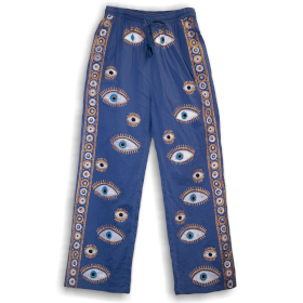 Loungehose - Handgemaltes Evil Eye-Design in sattem Blau und Gold M-L