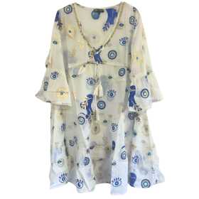 (M-L) Kleid – Weißes, blaues und goldenes Evil-Eye-Design