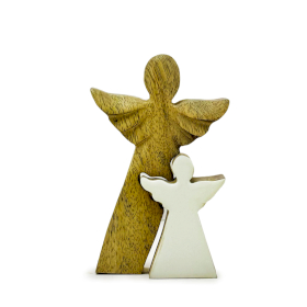 6x Mangoholz-Engel in Engelform – Weiße Emaille – 15 cm
