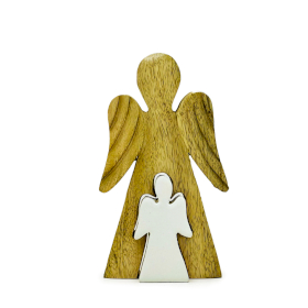 6x Mangoholz-Engel in Engelform – Weiße Emaille – 15 cm