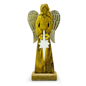 2x Großer Friedensengel aus Mangoholz, Metallflügel und Emaille-Details – 30 cm