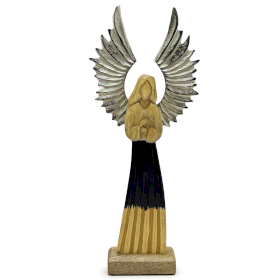2x Großer Schutzengel aus Mangoholz, Metallflügel und Emaille-Details – 40 cm
