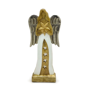 3x Großer Engelstern aus Mangoholz mit Metallflügeln und Emaille-Details – 30 cm