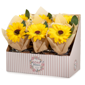 6x Schachtel mit verkaufsfertigen Seifenblumen – einzelner Sonnenblumenstrauß