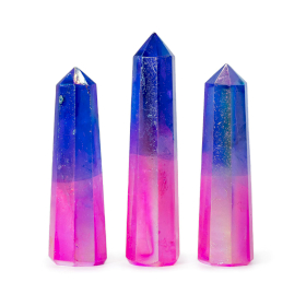3x Edelstein-Obeliskenspitzen, ca. 9 cm – Aurora-Bergkristall – Rosa & Blau