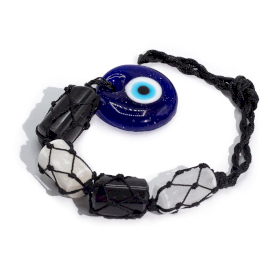 Hängender Steinanhänger – Schwarzer Turmalin & Selenit-Trommelstein – Böser Blick