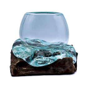 Mini-Goldfischglas aus geschmolzenem Glas auf Holz, 20 cm